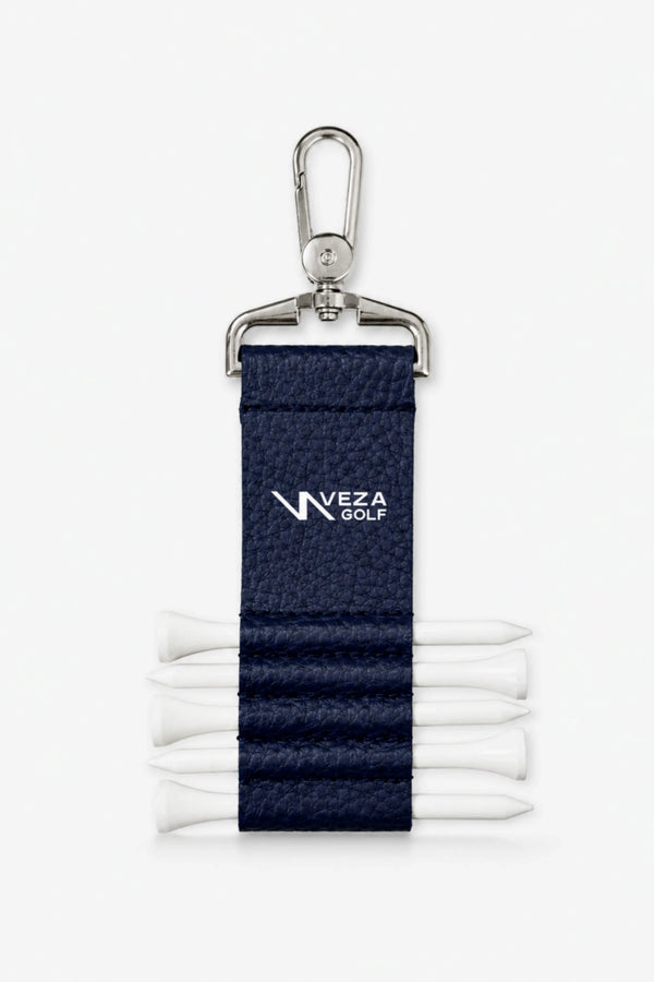Weza Golf tee clip with blue strap and golf tees on a white background
