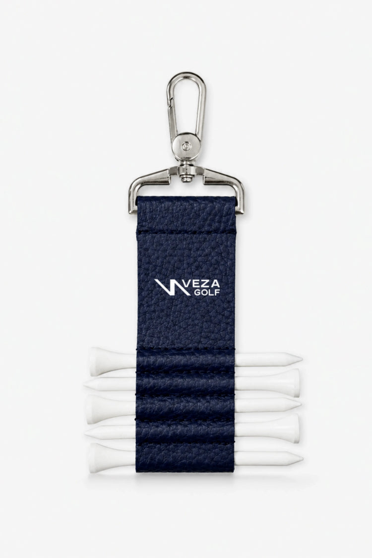 Weza Golf tee clip with blue strap and golf tees on a white background
