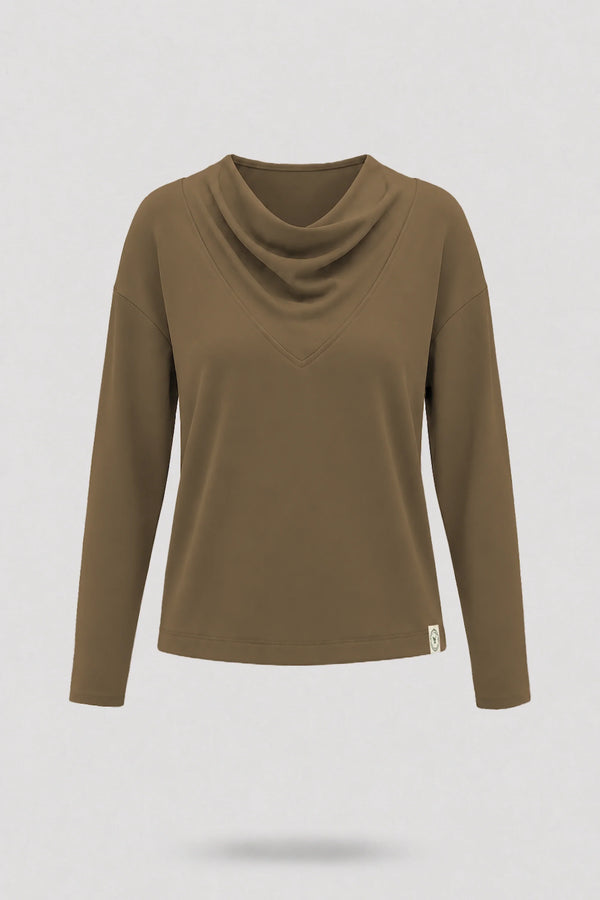 Cowl Neck Long Sleeve Top - Toffee Brown