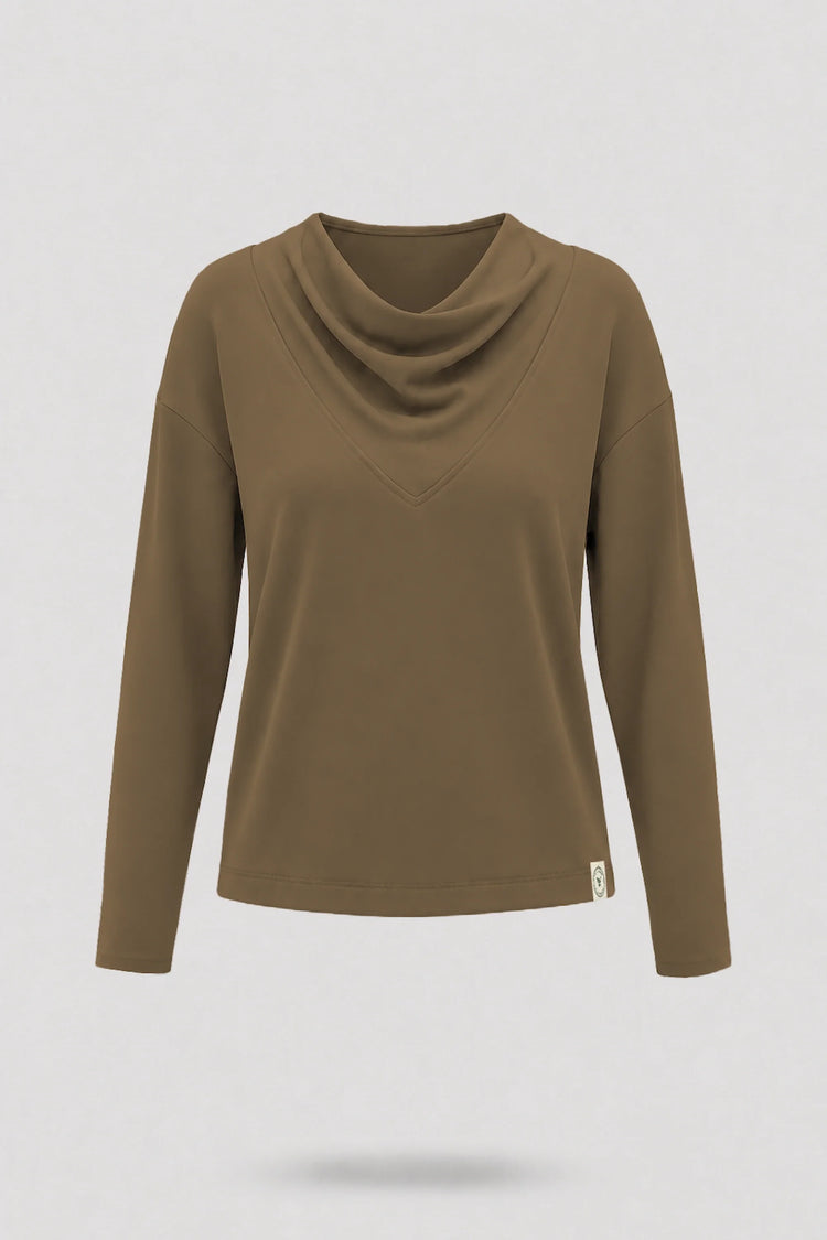 Cowl Neck Long Sleeve Top - Toffee Brown