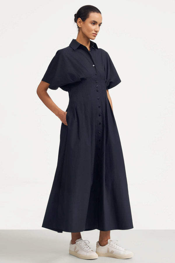 Sculpted Cotton Midi Dress - Midnight Black