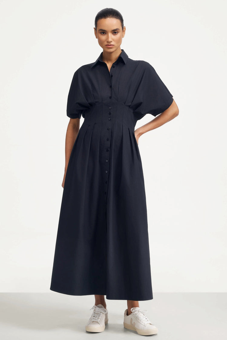 Sculpted Cotton Midi Dress - Midnight Black