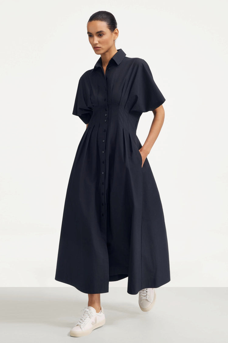 Sculpted Cotton Midi Dress - Midnight Black