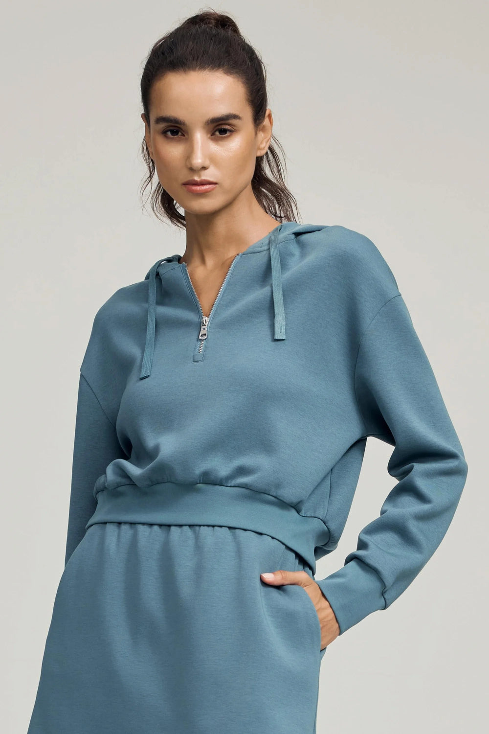 Women's Cropped Half-Zip Hoodie - Slate Blue
