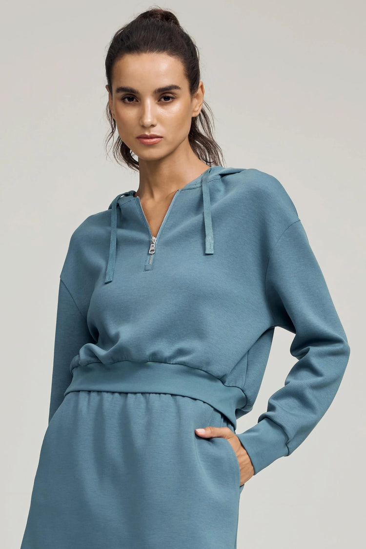 Women's Cropped Half-Zip Hoodie - Slate Blue