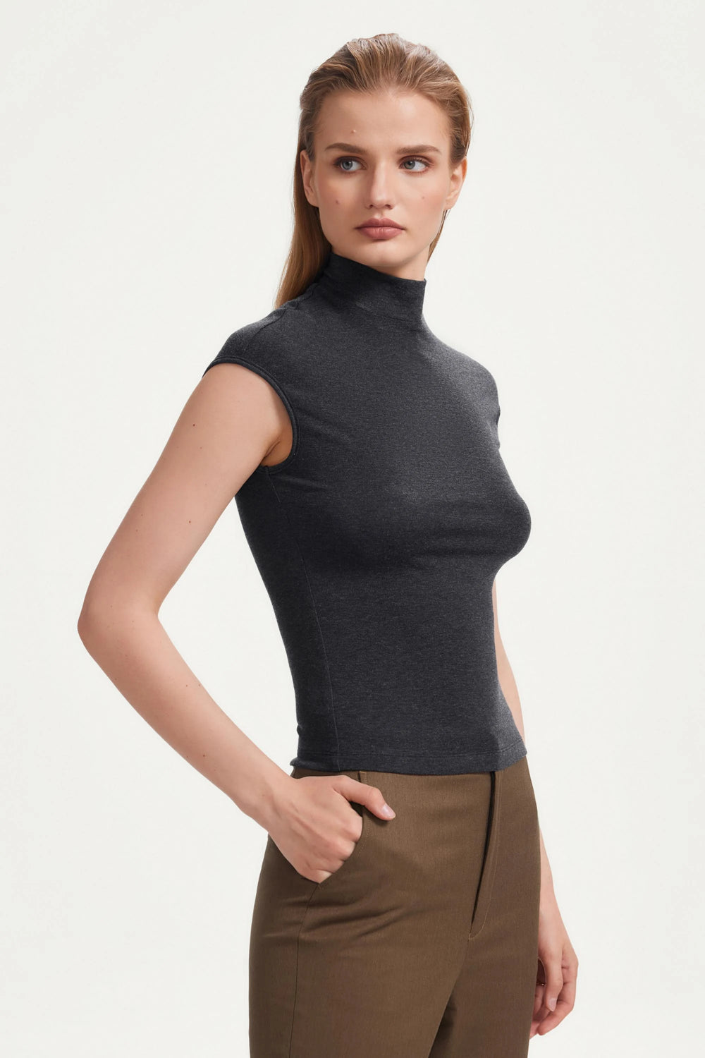 The Sculpting Mock-Neck Top - Charcoal Grey