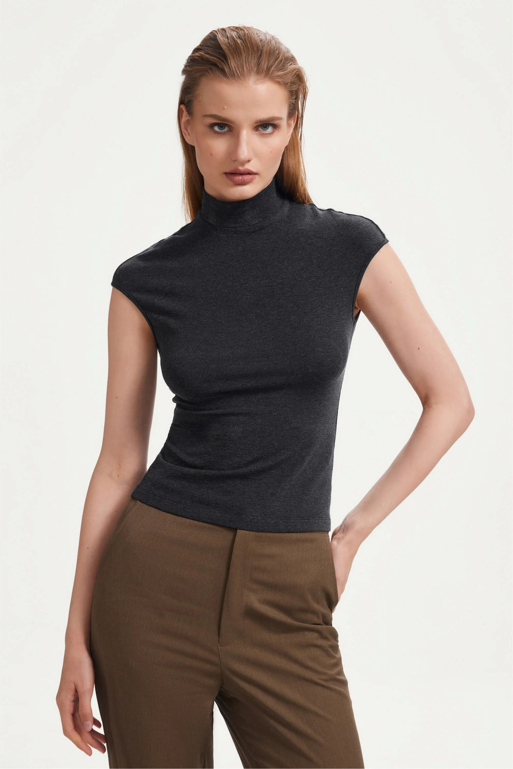 The Sculpting Mock-Neck Top - Charcoal Grey