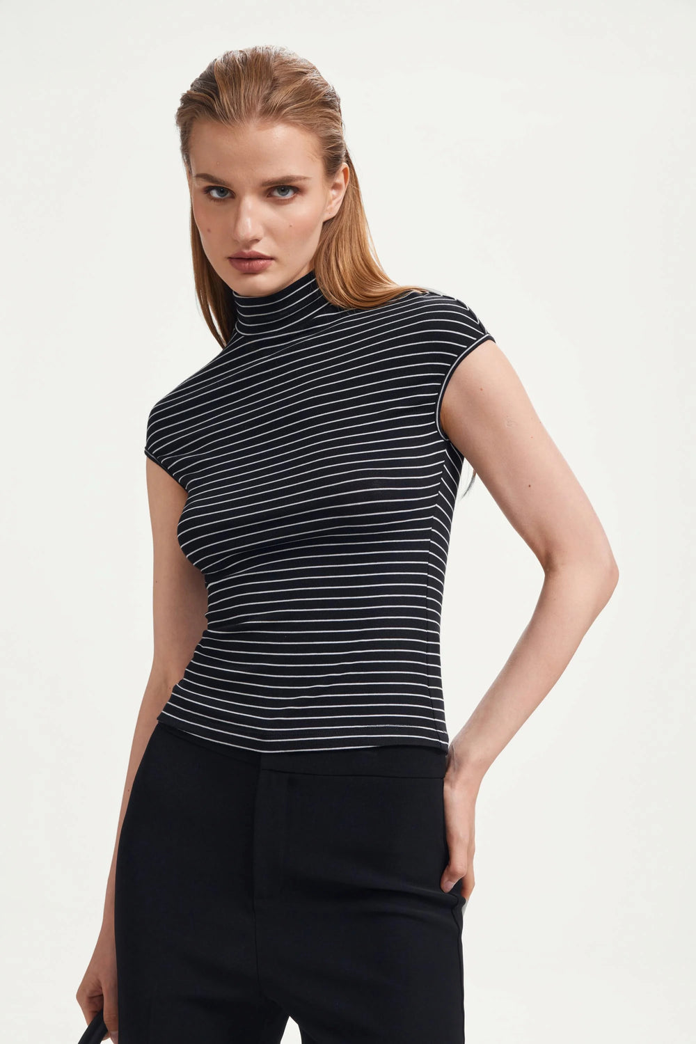 The Sculpting Mock-Neck Top - Chocolate Stripe