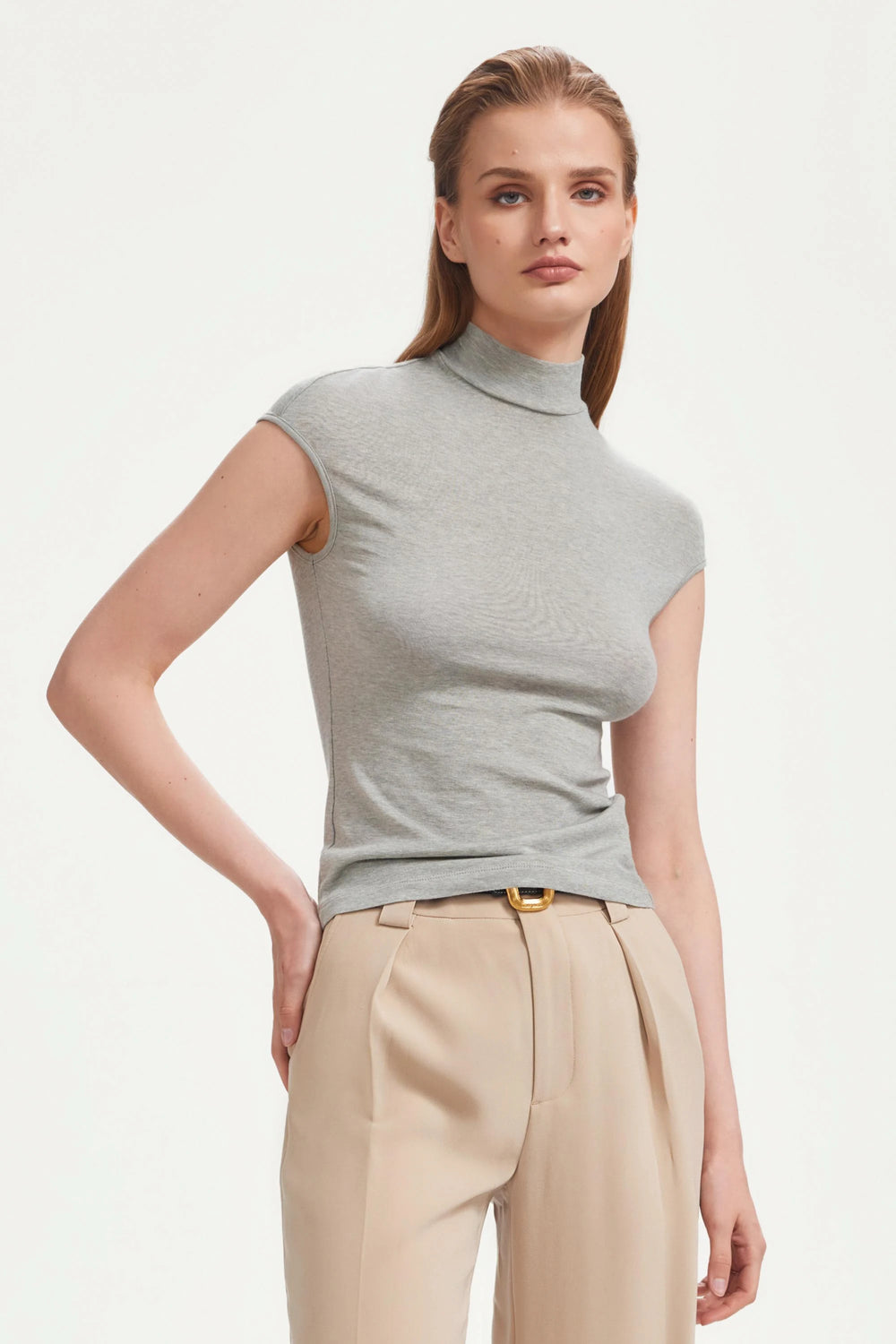 The Sculpting Mock-Neck Top - Heather Grey