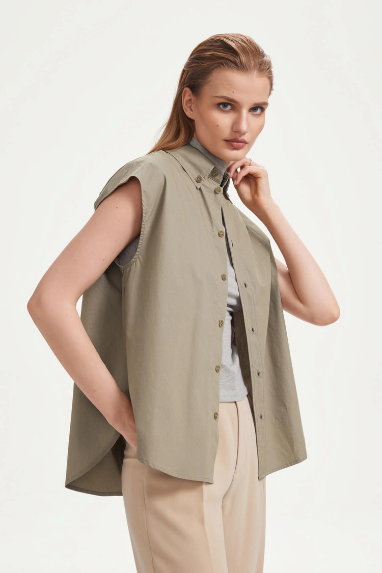 The Structured Sleeveless Button-Down - Soft Taupe