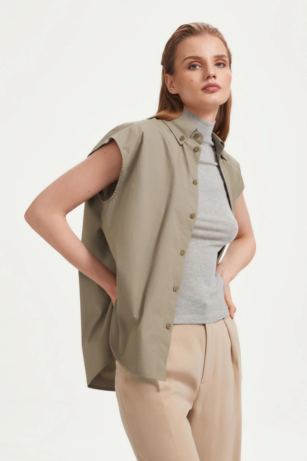 The Structured Sleeveless Button-Down - Soft Taupe