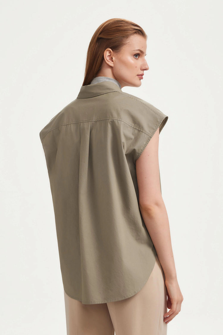 The Structured Sleeveless Button-Down - Soft Taupe