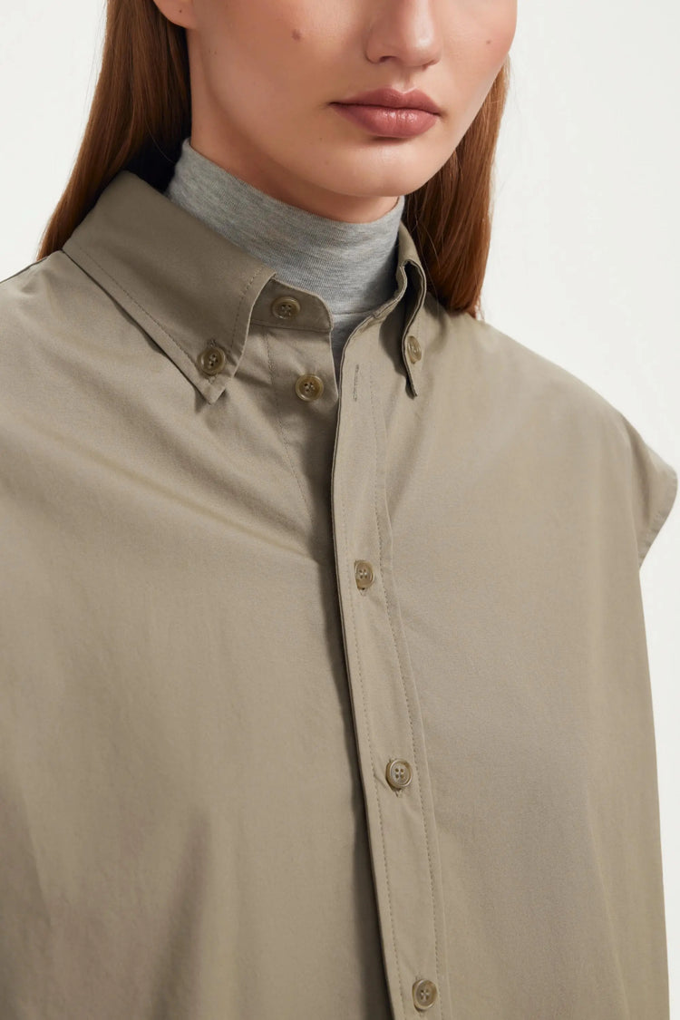 The Structured Sleeveless Button-Down - Soft Taupe