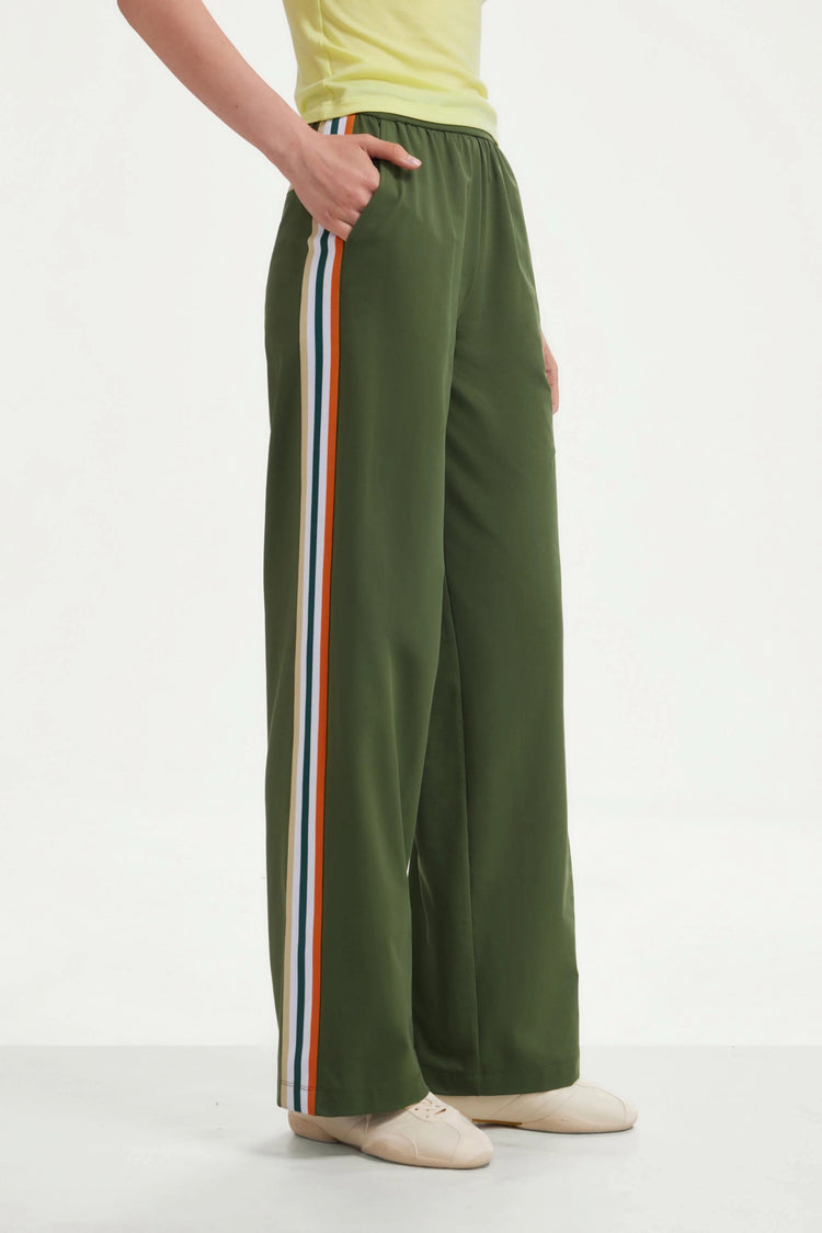 The Stripe Side Wide-Leg Pant - Olive Green