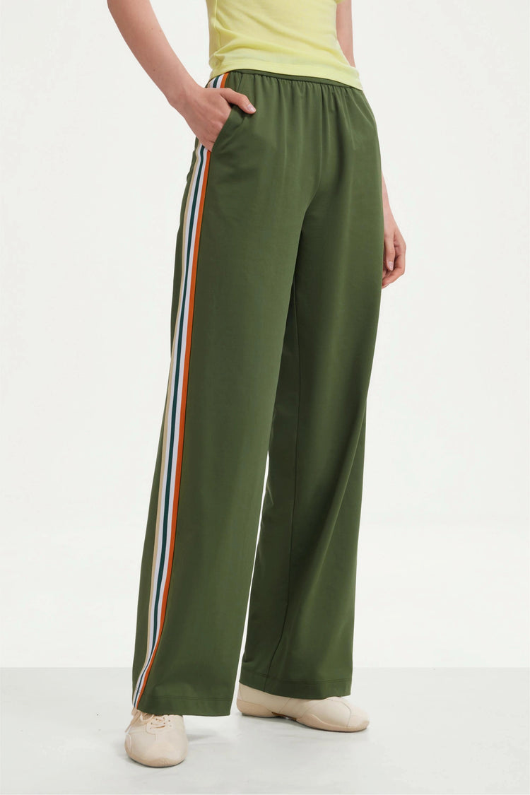 The Stripe Side Wide-Leg Pant - Olive Green