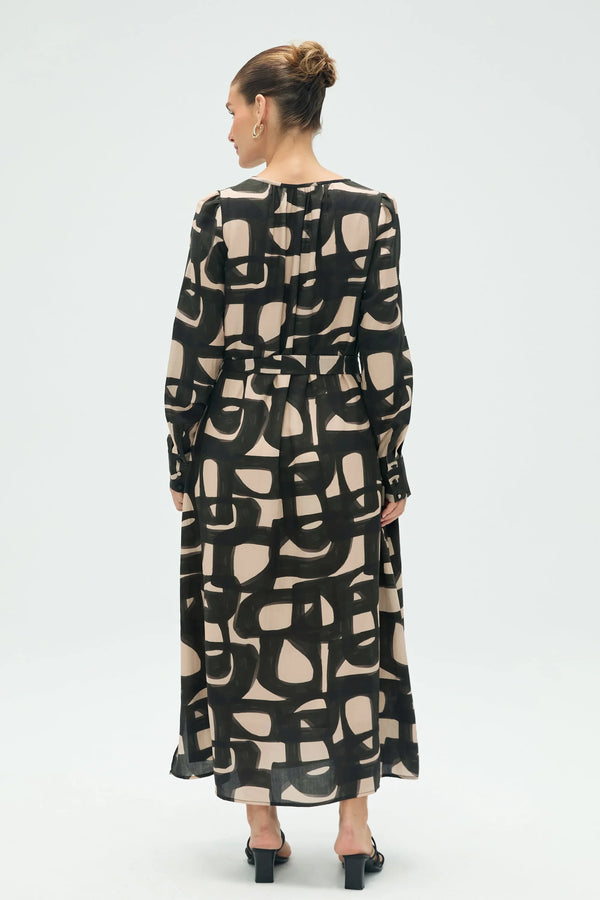 Back view of women’s inkbrush geo abstract tie-front midi dress
