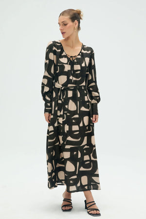 Women’s abstract inkbrush geo midi dress featuring a tie-front neckline, full-body front view