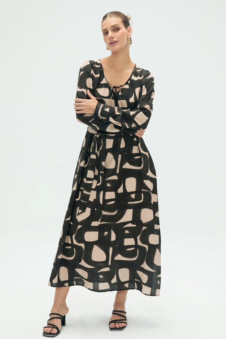 Women’s inkbrush geo abstract tie-front midi dress with flowing silhouette, full-body front view