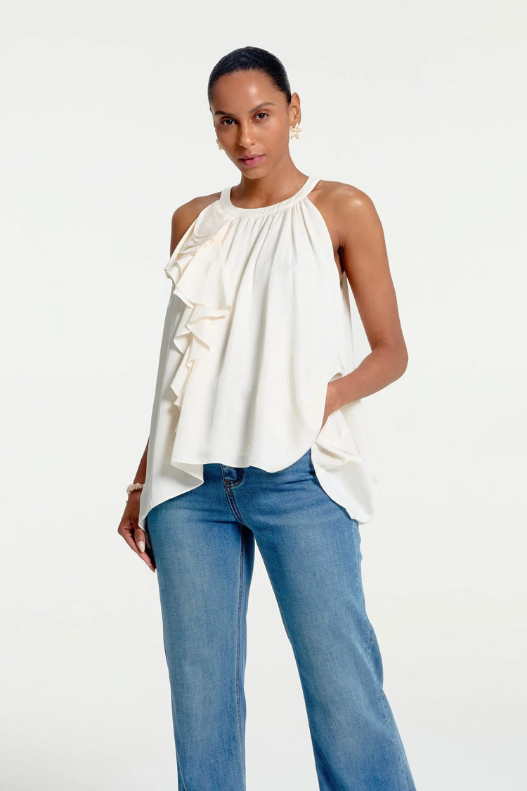 Front view of an asymmetrical ruffle halter top featuring a soft, silky drape