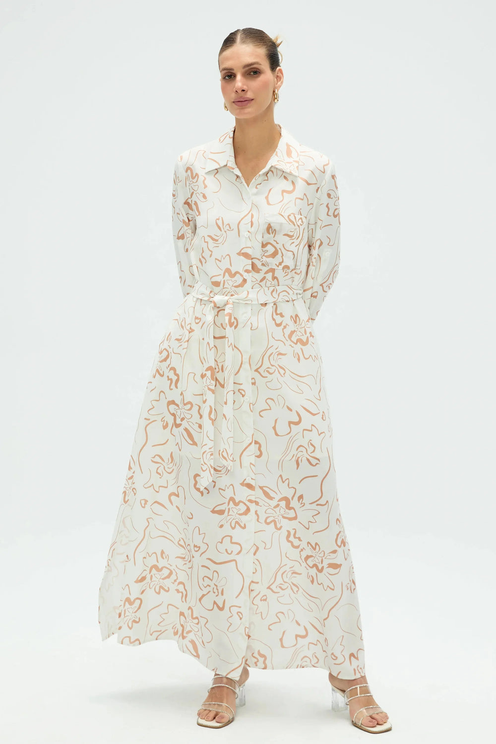 Women’s sand bloom belted floral shirt dress, full-body front view