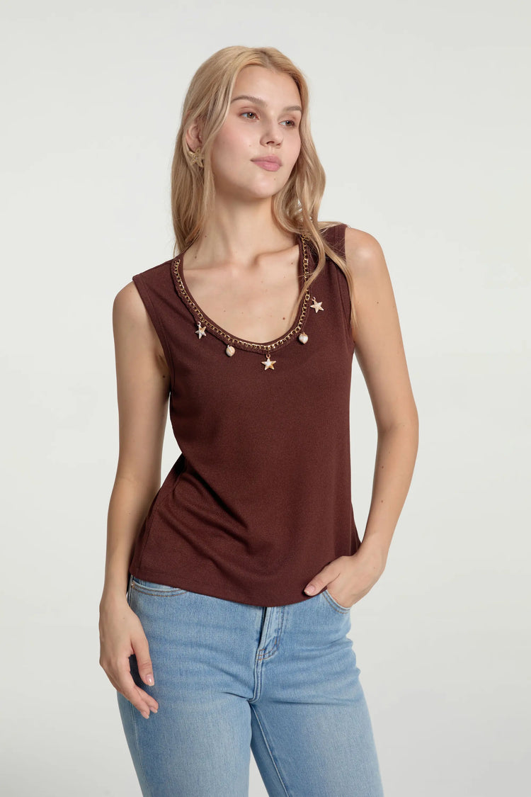 Women’s cocoa shell charm-embellished knit tank styled with blue jeans, upper-body front view