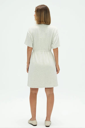 Back view of women’s heather mist cinched T-shirt dress showing clean silhouette
