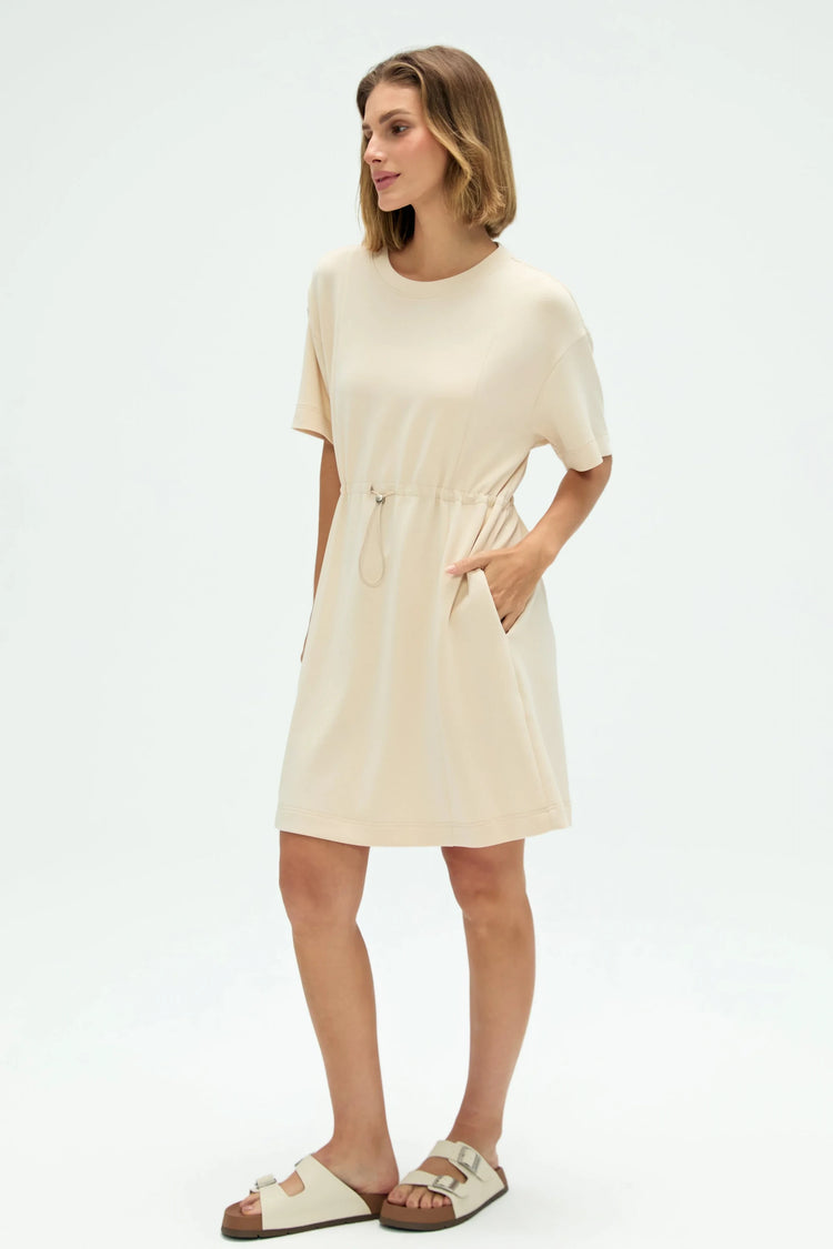 Women’s oatmilk beige cinched T-shirt dress with adjustable waist, full-body front view