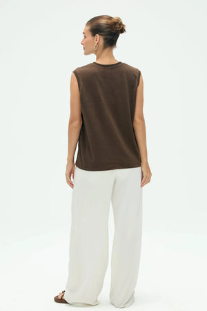 Full-back view of women’s espresso cotton linen tank with relaxed, streamlined shape