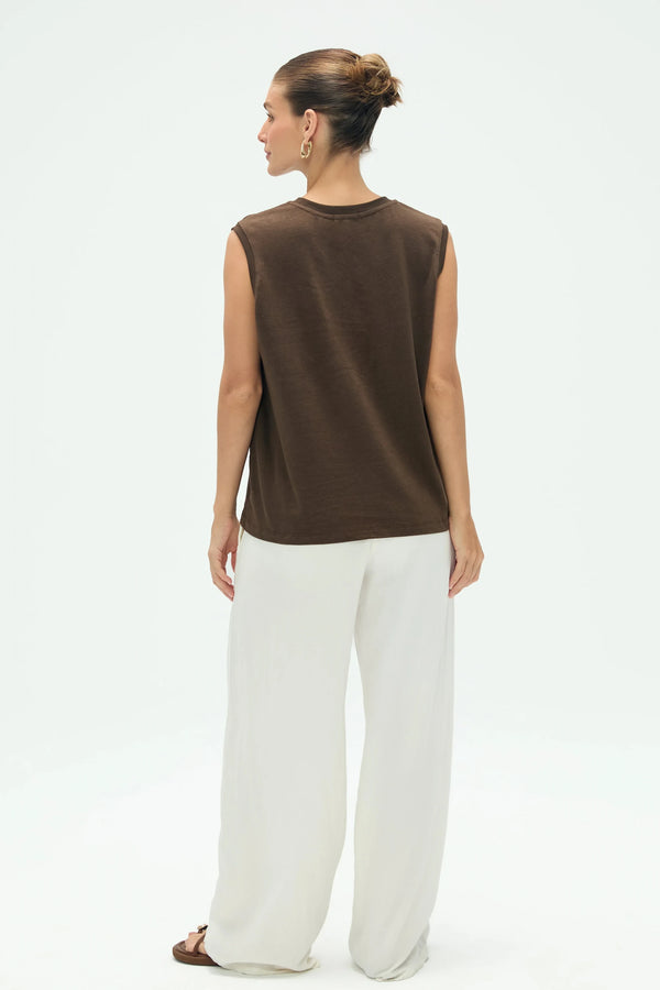 Full-back view of women’s espresso cotton linen tank with relaxed, streamlined shape