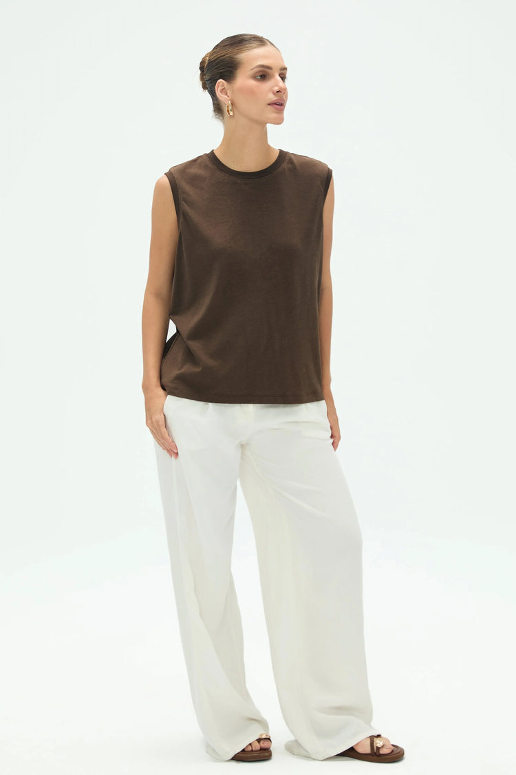 Women’s espresso cotton linen tank styled for a clean, modern full-body look