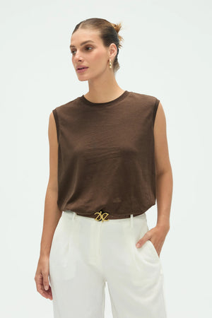 Women’s espresso cotton linen tank with clean neckline and relaxed fit