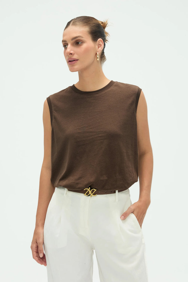 Women’s espresso cotton linen tank with clean neckline and relaxed fit