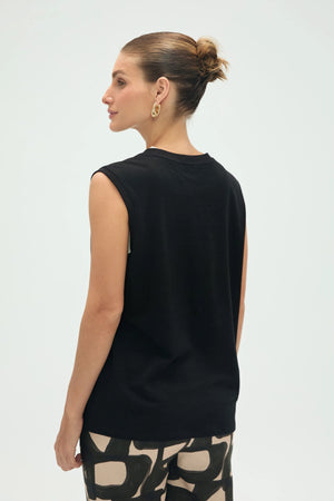Back view of women’s noir black cotton linen tank with clean, minimal lines