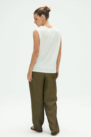 Full-back view of women’s white cotton linen tank with relaxed, streamlined shape