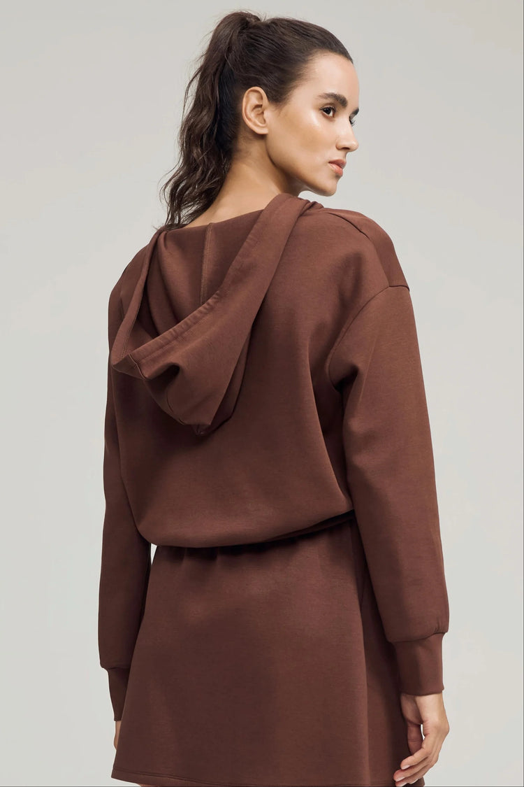 Back view of a cropped half-zip hoodie in chestnut brown with a clean, modern silhouette