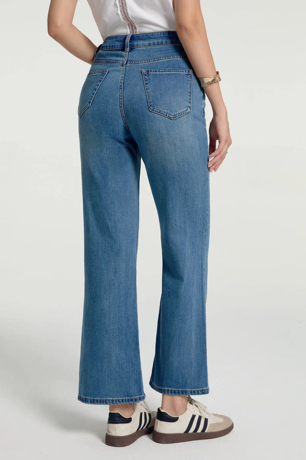 Back view of everyday kick-flare jeans designed for comfortable, modern wear
