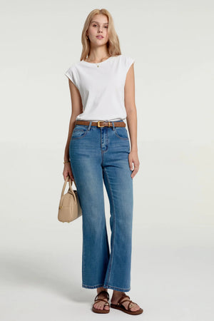 Front view of high-rise kick-flare jeans highlighting a modern, flattering silhouette