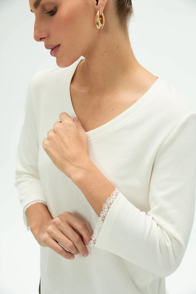 Close-up of women’s V-neck top showing lace trim at the neckline and sleeves