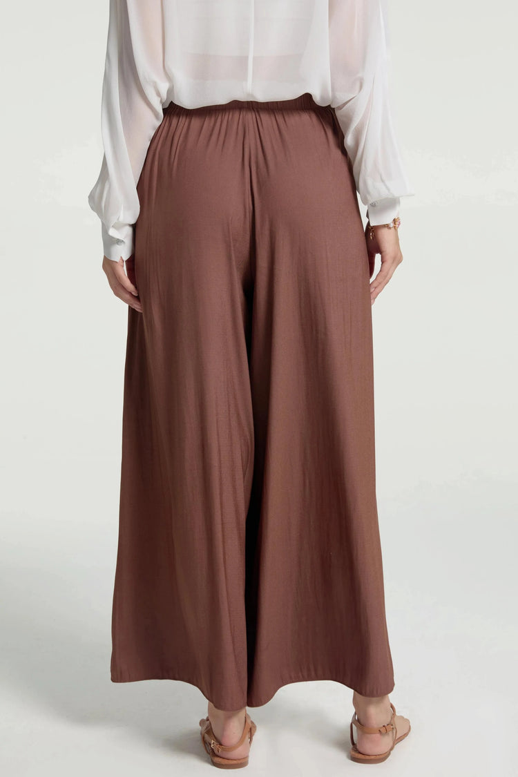 Back view of wide-leg palazzo pants showing an easy, relaxed silhouette