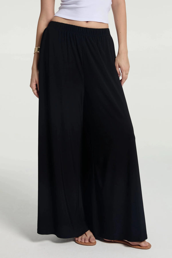 Front view of silky wide-leg trousers featuring a high-rise, fluid silhouette