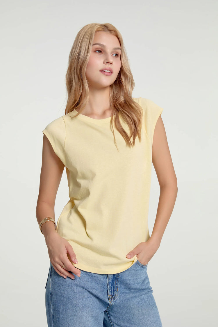 Women’s soft lemon lace-back cap sleeve tee with clean front silhouette