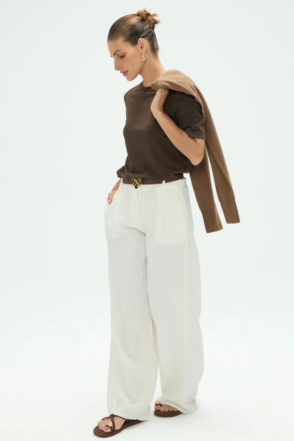Side view of women’s espresso linen Supima cotton tee showing smooth drape and relaxed fit