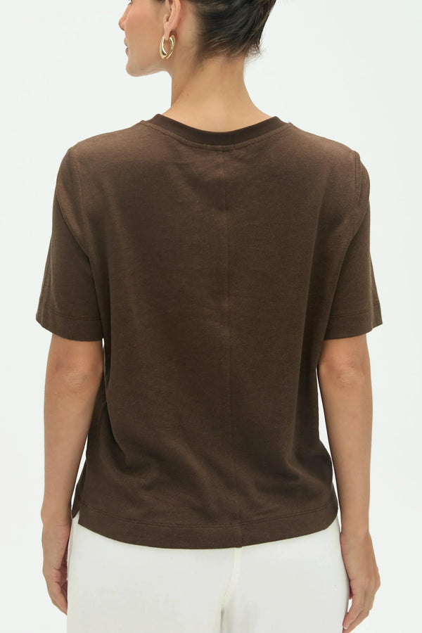 Back view of women’s espresso linen Supima cotton tee with clean, minimal lines