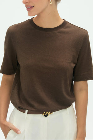 Women’s espresso crewneck tee with clean neckline and softly tailored shape