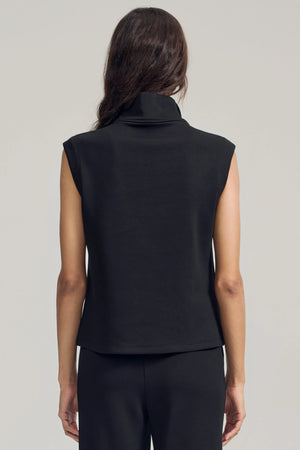 Back view of a Jet Black sleeveless zip-collar pullover with a refined, streamlined fit