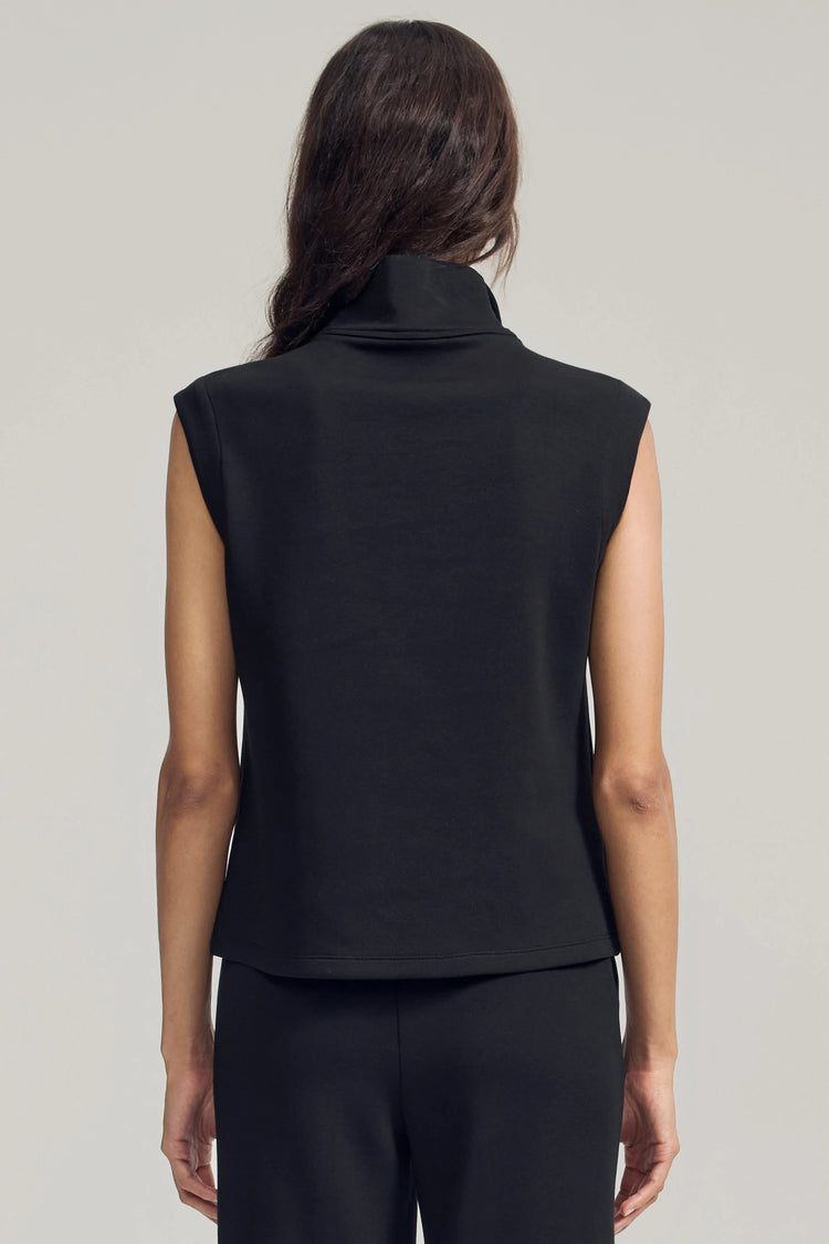 Back view of a Jet Black sleeveless zip-collar pullover with a refined, streamlined fit
