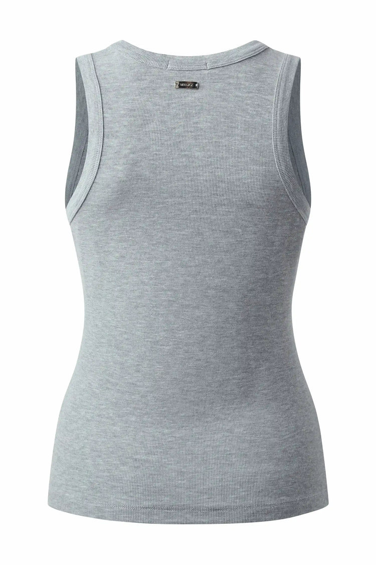 3D back view of women’s heather grey racerback tank highlighting the racerback cut