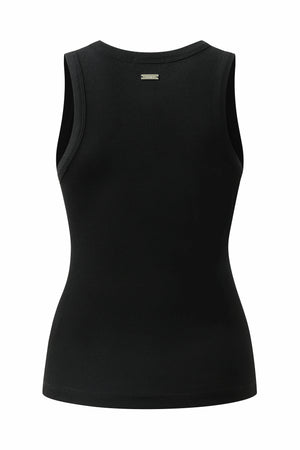 3D back view of women’s true black racerback tank highlighting the racerback cut