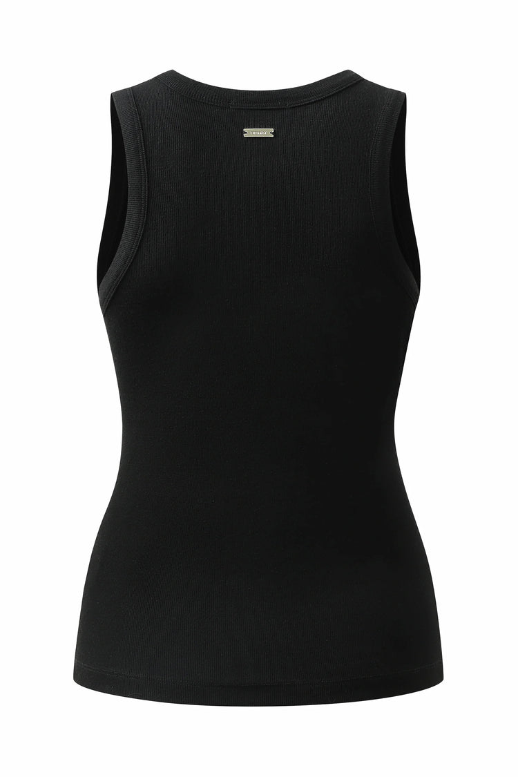 3D back view of women’s true black racerback tank highlighting the racerback cut