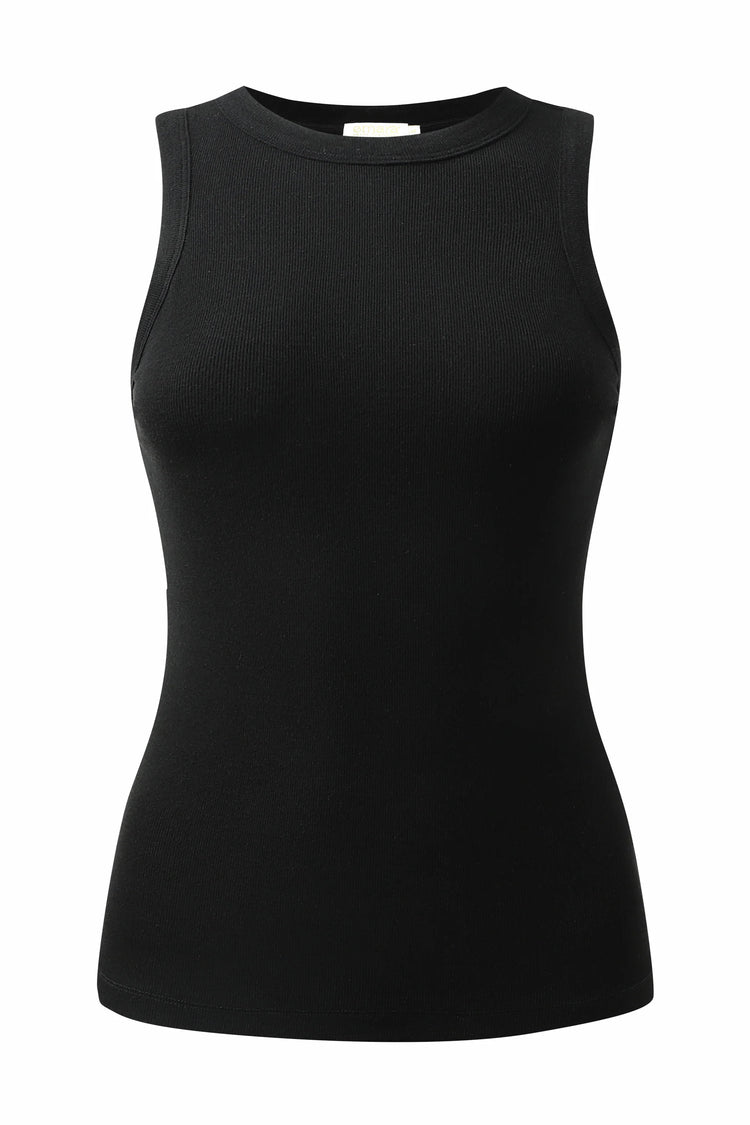 3D front view of women’s true black racerback tank with clean, streamlined design